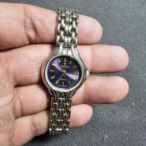 LaRex Ladies Quartz Watch Silver Tone Purple Dial Working New Battery shows sign